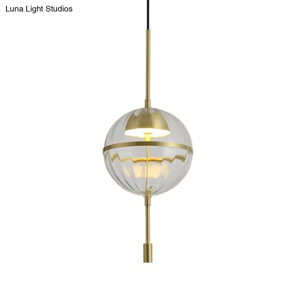 Modern Gold Led Glass Pendant Lamp - Ribbed Spherical Hanging Light Kit