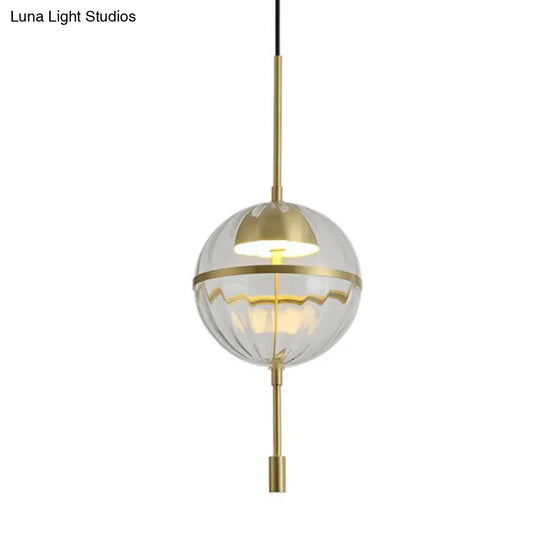 Modern Gold Led Glass Pendant Lamp - Ribbed Spherical Hanging Light Kit