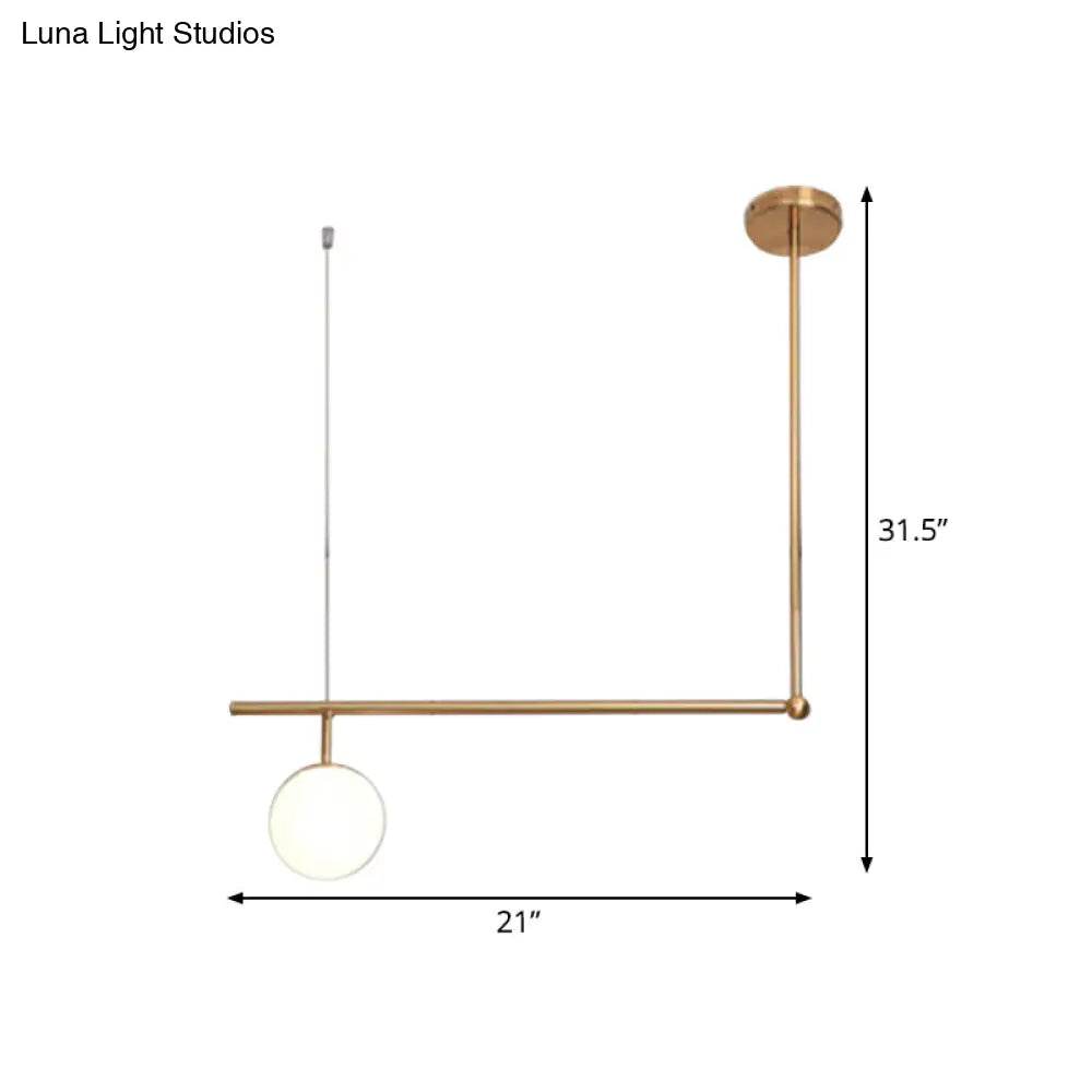 Gold Right Angled Bar Hanging Light Kit - Minimalist Pendant Lamp With Opal Glass Shade