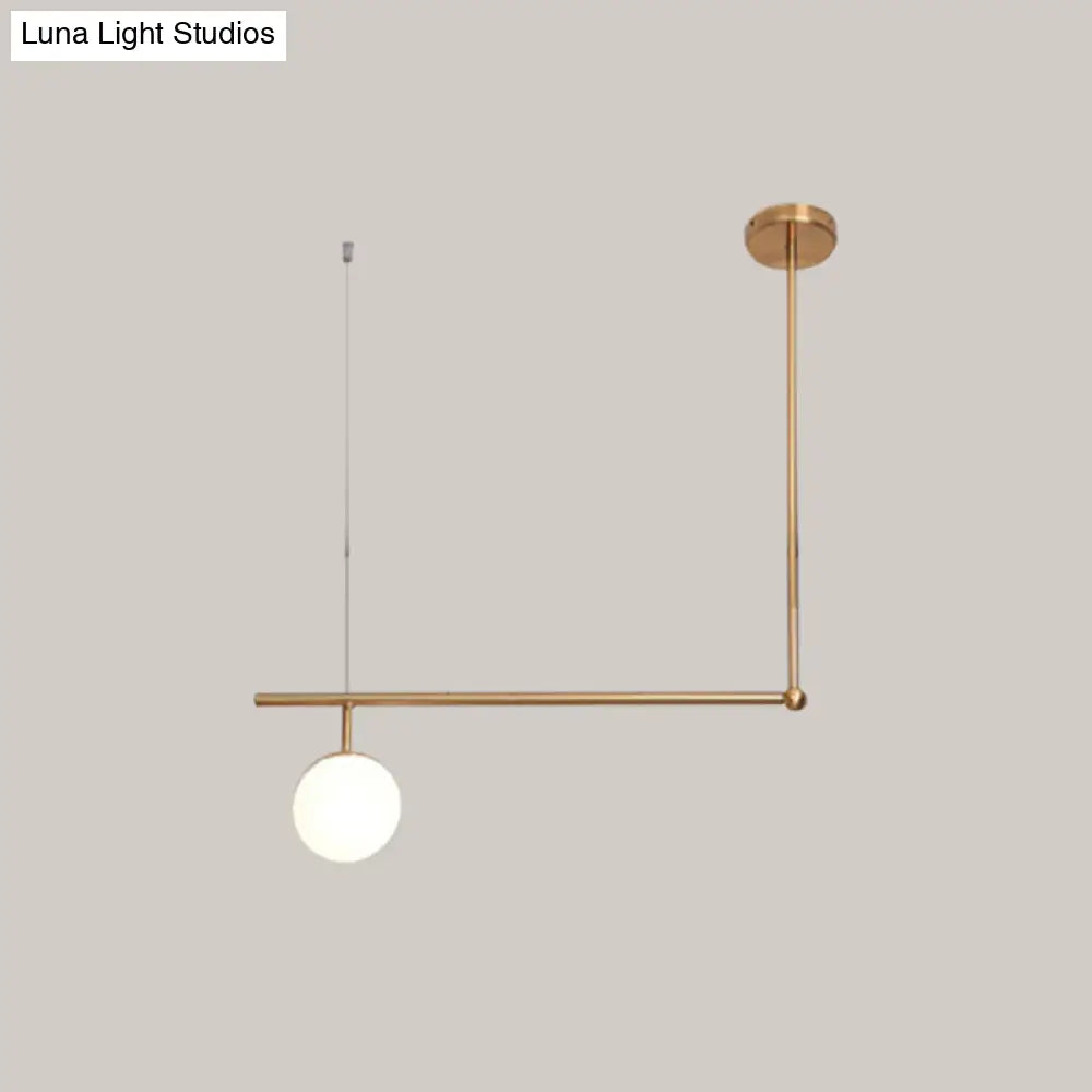 Gold Right Angled Bar Hanging Light Kit - Minimalist Pendant Lamp With Opal Glass Shade