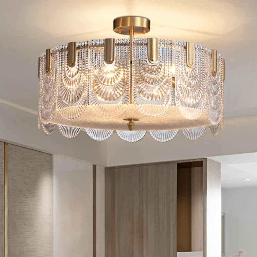 Gold Ripple Glass Pendant Light Scalloped Chandelier For Living Room / 1 Tier 23.5