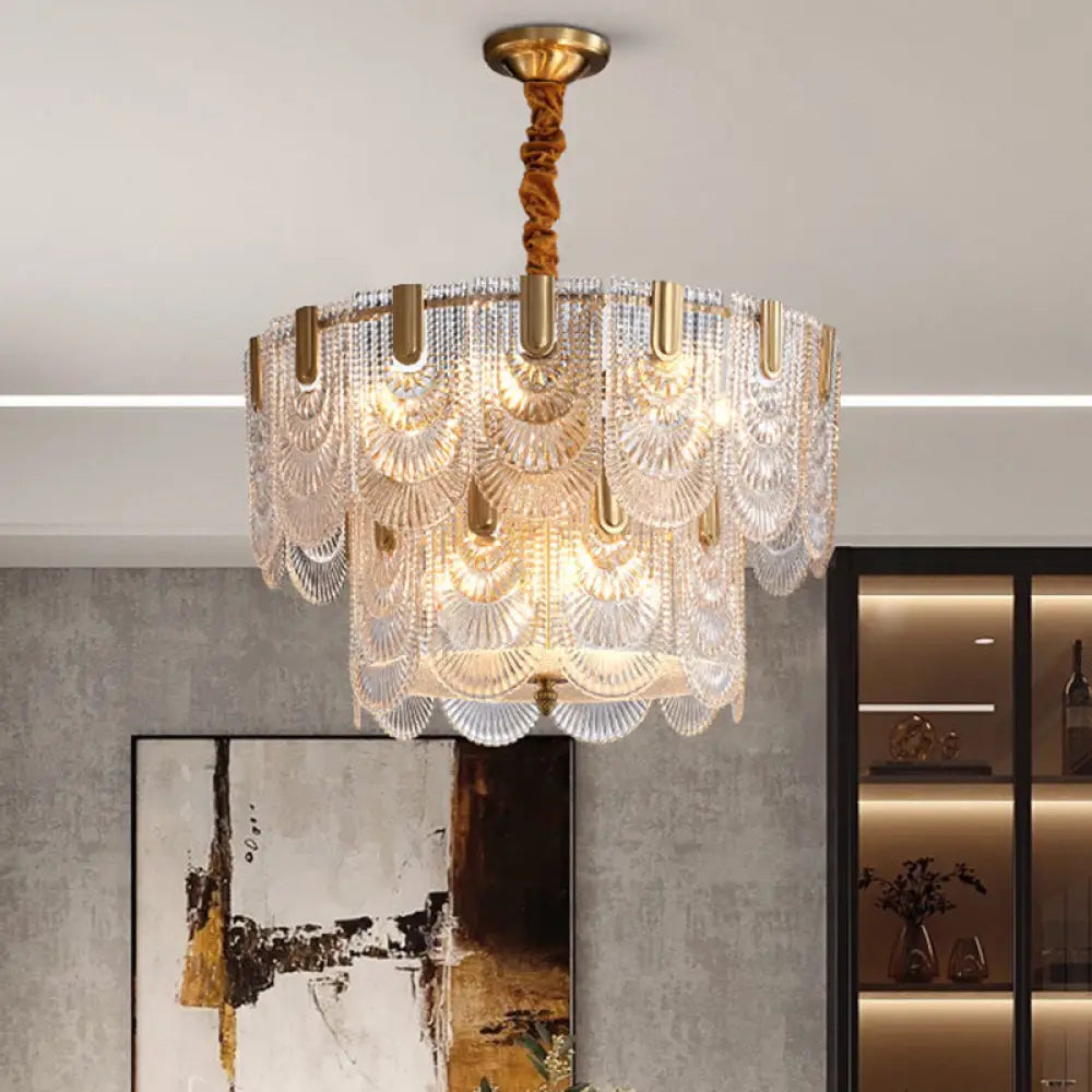 Gold Ripple Glass Pendant Light Scalloped Chandelier For Living Room / 2 Tiers 20.5