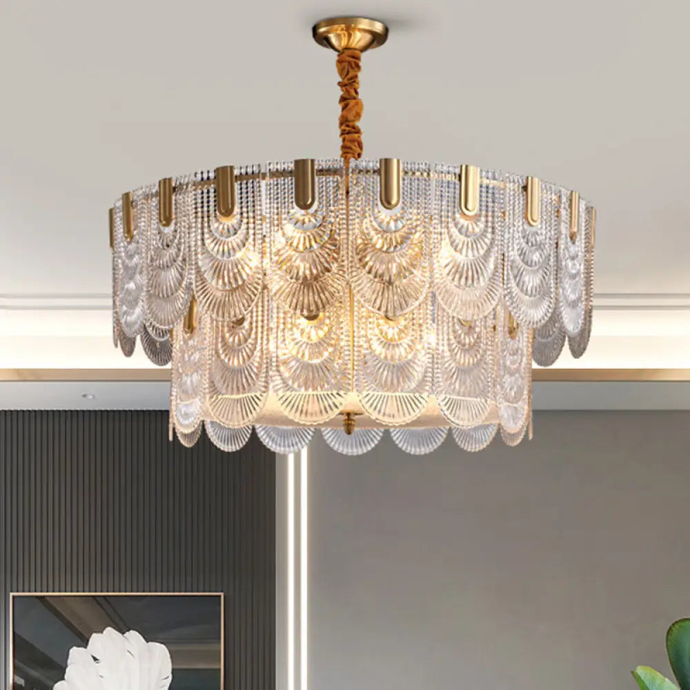 Gold Ripple Glass Pendant Light Scalloped Chandelier For Living Room / 2 Tiers 23.5