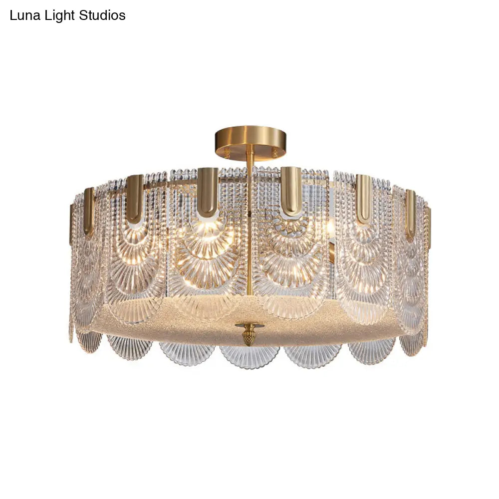 Gold Ripple Glass Pendant Light Scalloped Chandelier For Living Room