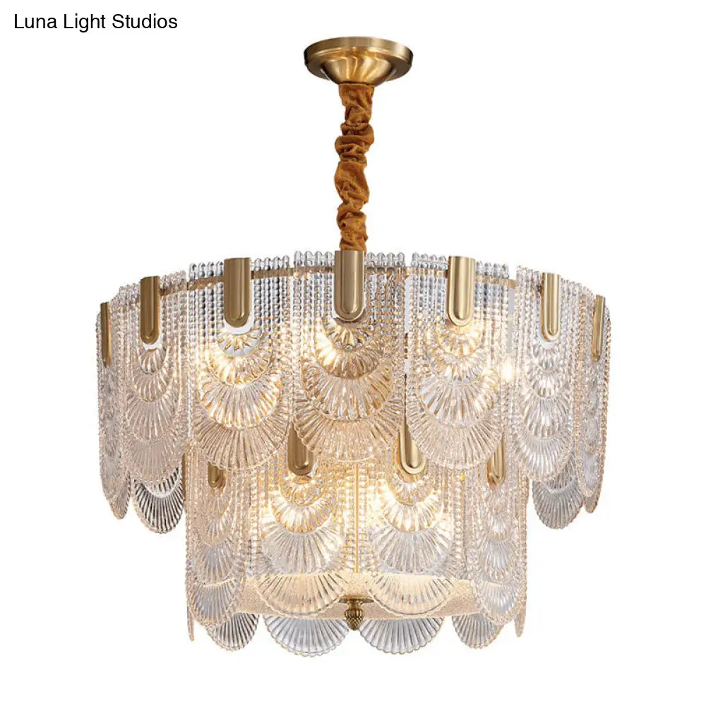 Gold Ripple Glass Pendant Light Scalloped Chandelier For Living Room