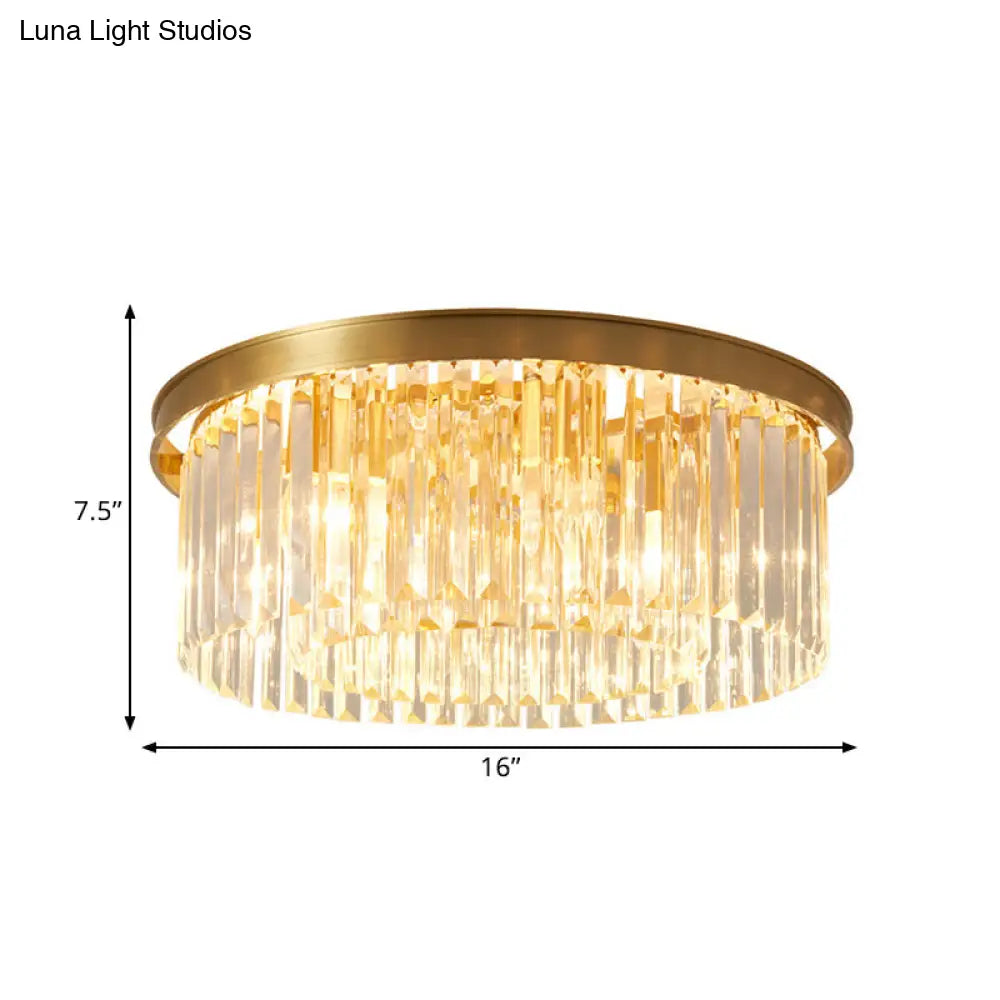 Gold Round Bedroom Flush Mount Lamp 4/5 Clear Crystal Prisms 16’/19.5’ Wide