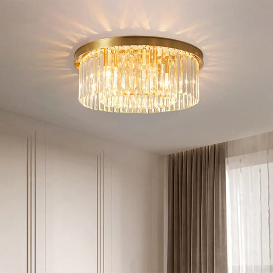 Gold Round Bedroom Flush Mount Lamp 4/5 Clear Crystal Prisms 16’/19.5’ Wide / 19.5’