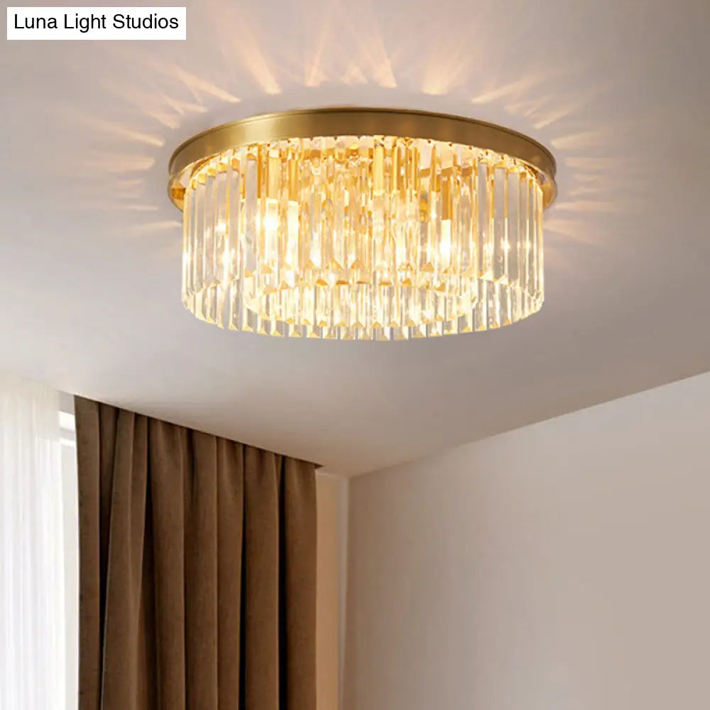 Gold Round Bedroom Flush Mount Lamp 4/5 Clear Crystal Prisms 16/19.5 Wide