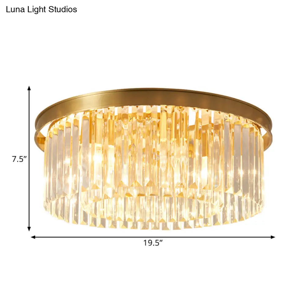 Gold Round Bedroom Flush Mount Lamp 4/5 Clear Crystal Prisms 16’/19.5’ Wide