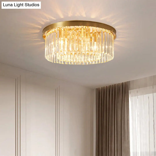 Gold Round Bedroom Flush Mount Lamp 4/5 Clear Crystal Prisms 16/19.5 Wide / 19.5