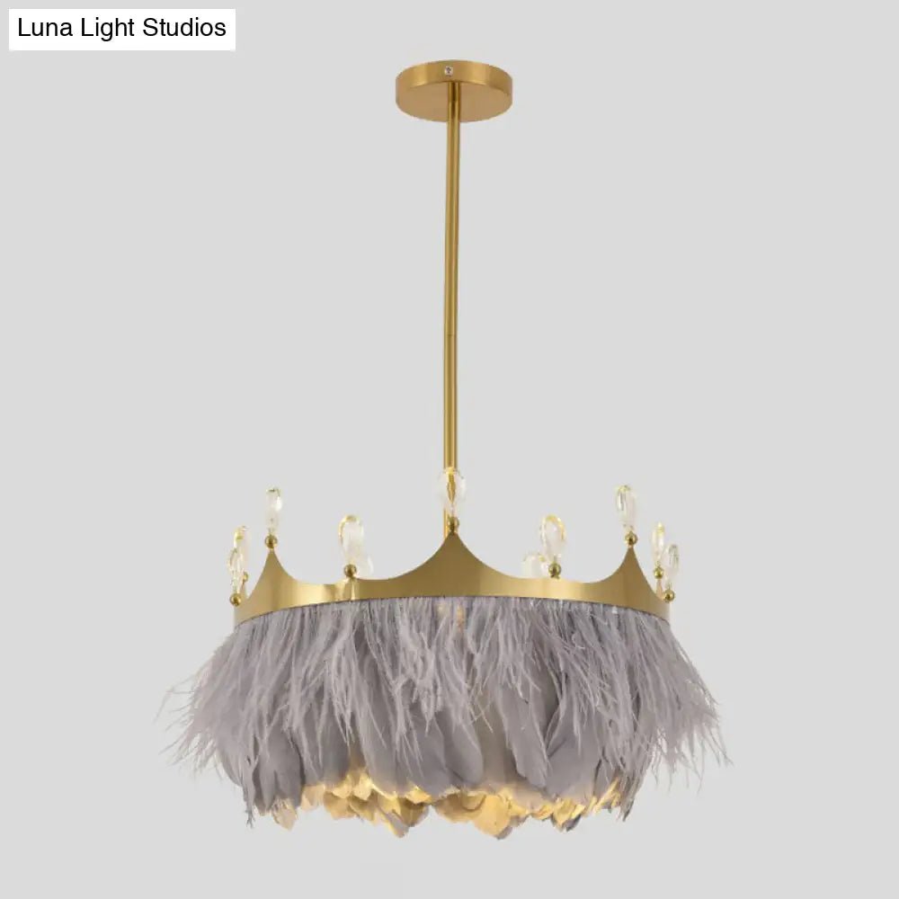 Golden Crown Crystal Pendant Light With Feather Accent - Bedroom Suspension Lamp