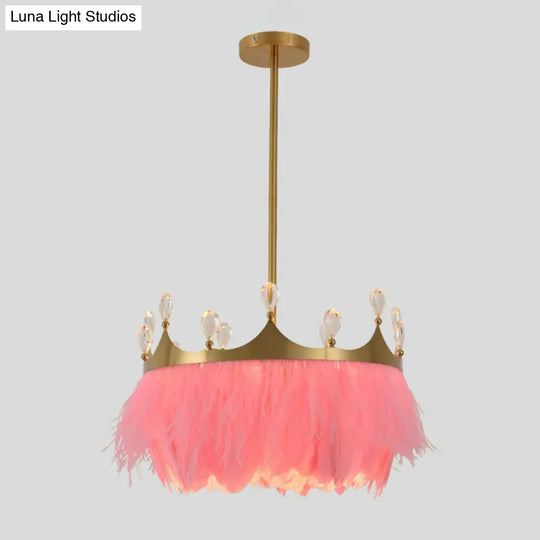 Gold Round Bedroom Suspension Pendant Light With Feather Crystal And Crown Decor