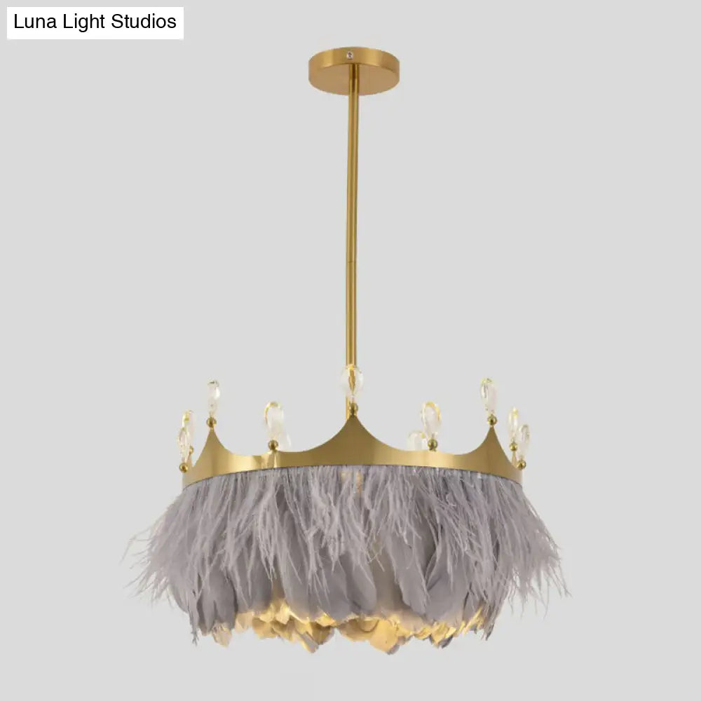 Gold Round Bedroom Suspension Pendant Light With Feather Crystal And Crown Decor