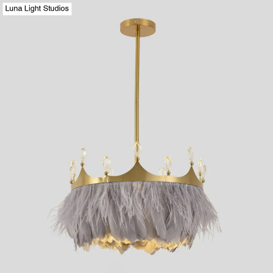 Gold Round Bedroom Suspension Pendant Light With Feather Crystal And Crown Decor