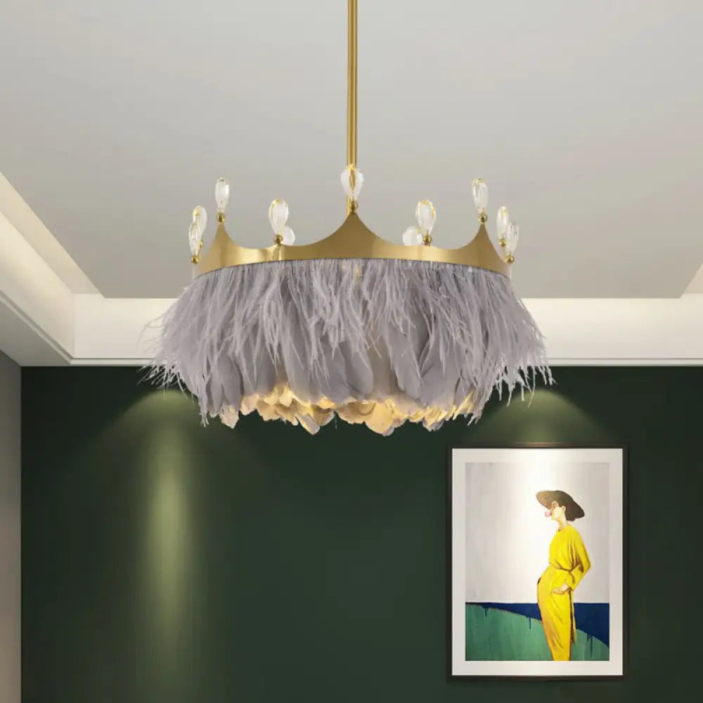 Gold Round Bedroom Suspension Pendant Light With Feather Crystal And Crown Decor Grey / 14’