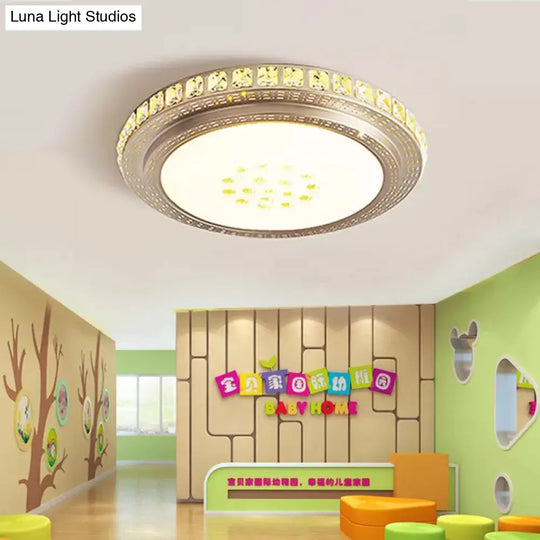 Gold Round Led Flush Mount Ceiling Light With Crystal Decor For Kindergarten