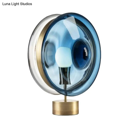 Gold Round Nightstand Lamp With Modern Blue/Clear Glass - Single Bulb Bedside Light