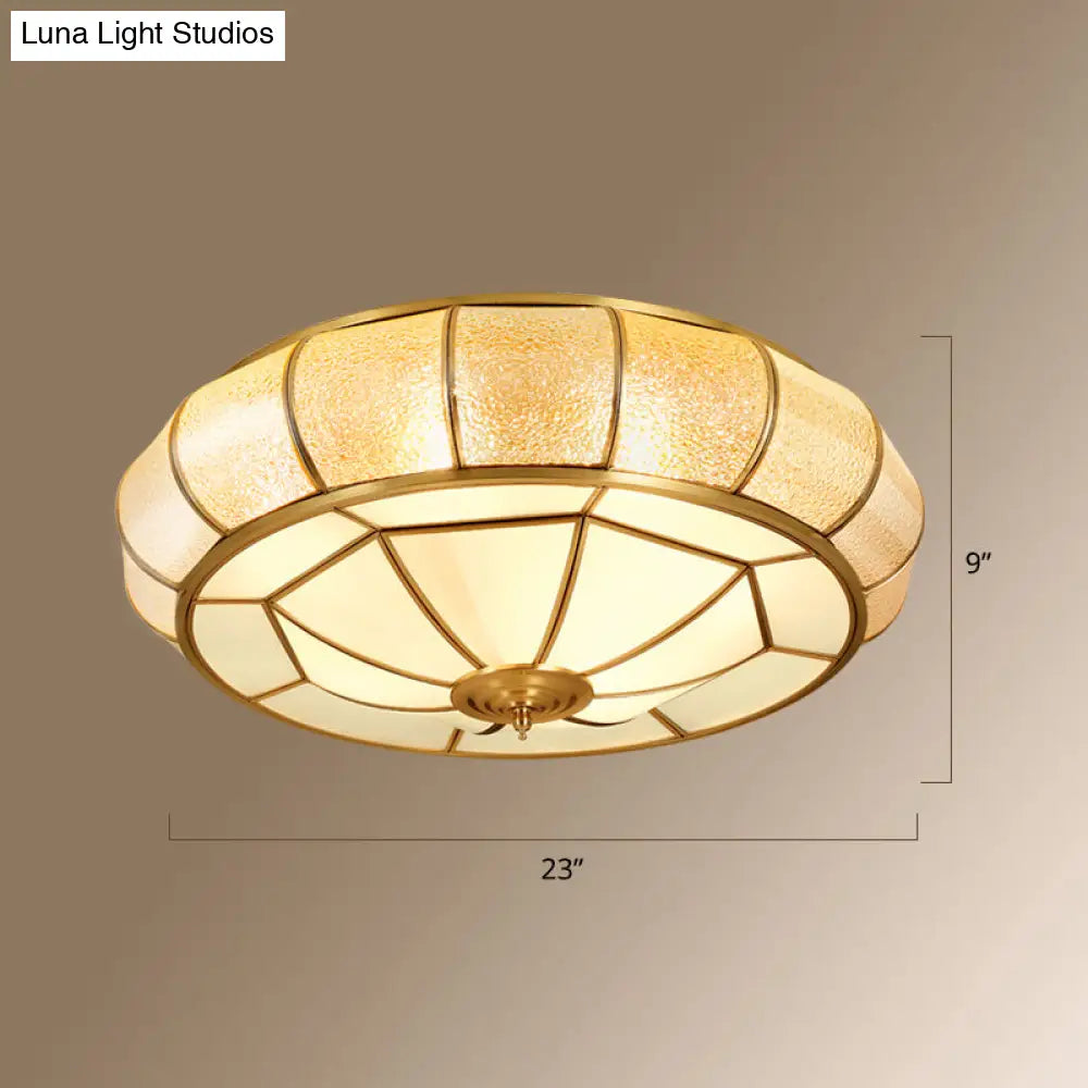 Gold Round Textured Glass Flush Ceiling Light For Traditional Bedroom Elegant Flushmount Lighting