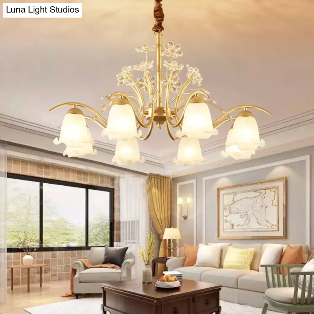 Gold Scalloped Chandelier Pendant Light With Crystal Accents - 3/6/8-Light Ruffle Glass Fixture