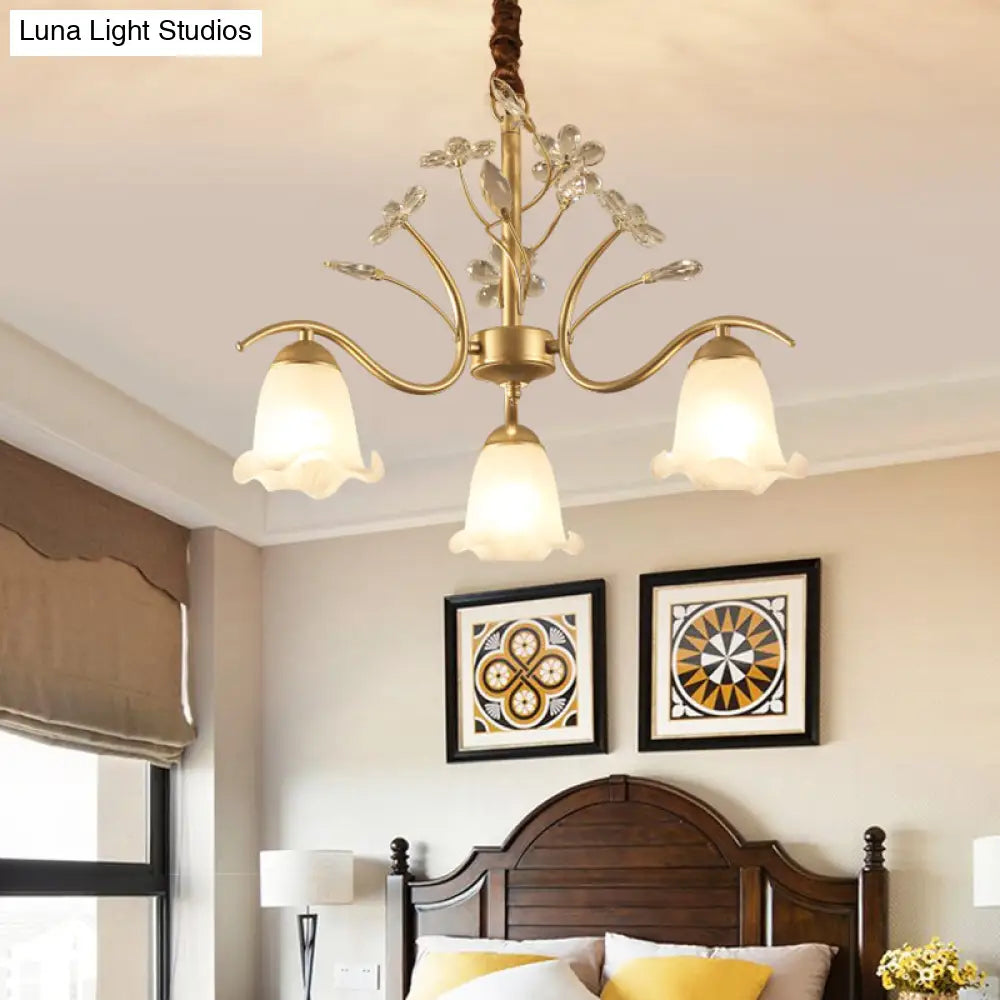 Gold Scalloped Chandelier Pendant Light With Crystal Accents - 3/6/8-Light Ruffle Glass Fixture