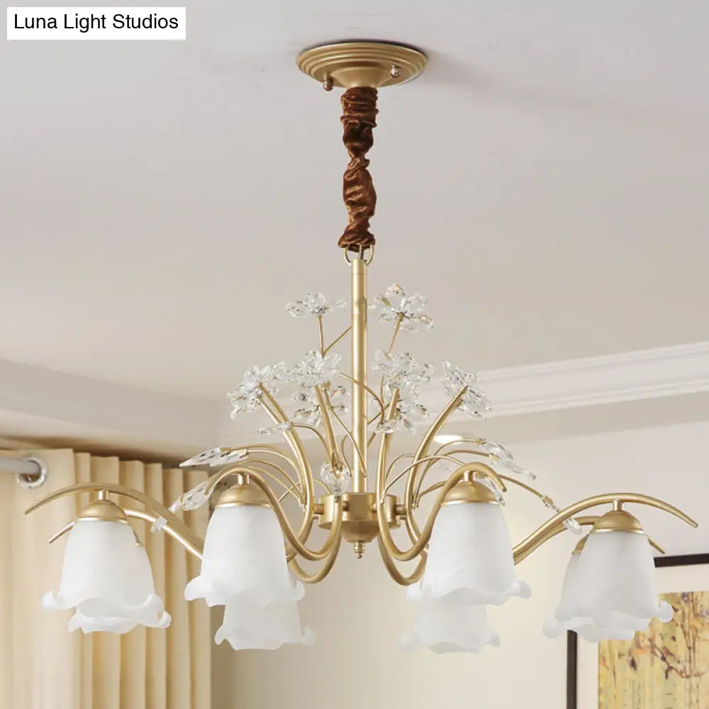 Gold Scalloped Chandelier Pendant Light With Crystal Accents - 3/6/8-Light Ruffle Glass Fixture