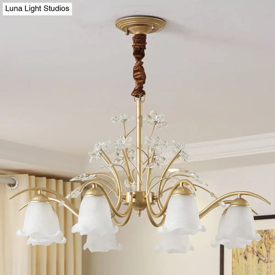 Gold Scalloped Chandelier Pendant Light With Crystal Accents - 3/6/8-Light Ruffle Glass Fixture