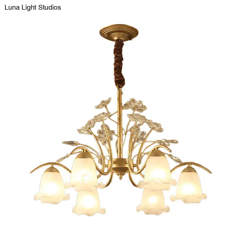 Gold Scalloped Chandelier Pendant Light With Crystal Accents - 3/6/8-Light Ruffle Glass Fixture