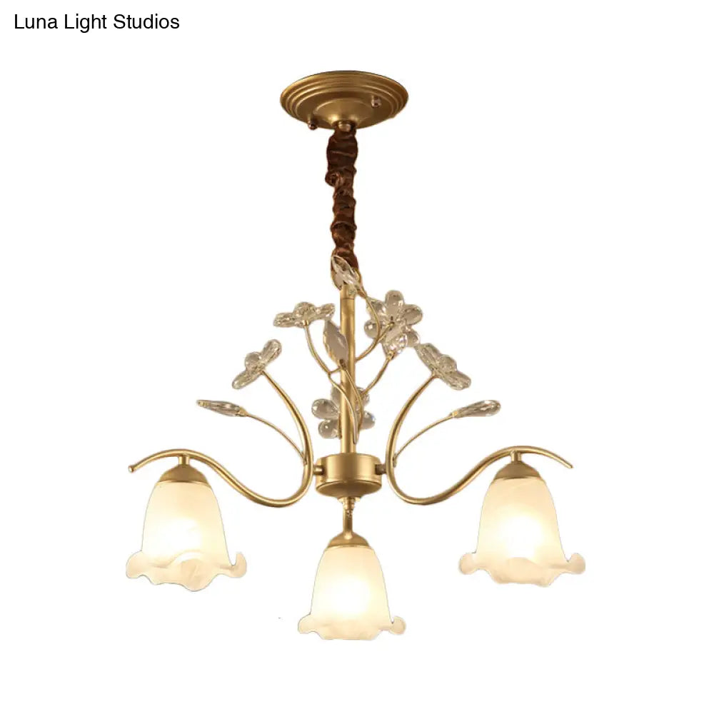 Gold Scalloped Chandelier Pendant Light With Crystal Accents - 3/6/8-Light Ruffle Glass Fixture