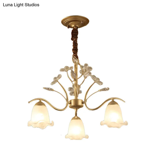 Gold Scalloped Chandelier Pendant Light With Crystal Accents - 3/6/8-Light Ruffle Glass Fixture