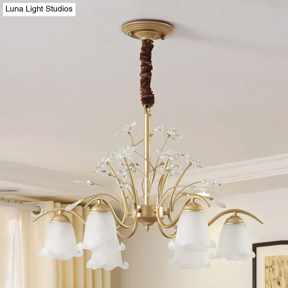 Gold Scalloped Chandelier Pendant Light With Crystal Accents - 3/6/8-Light Ruffle Glass Fixture