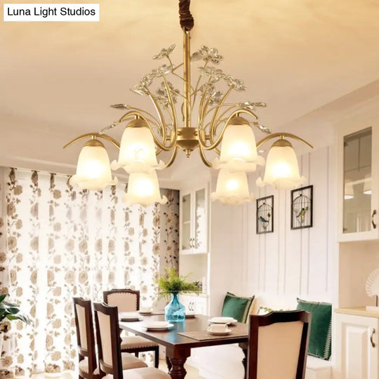 Gold Scalloped Chandelier Pendant Light With Crystal Accents - 3/6/8-Light Ruffle Glass Fixture