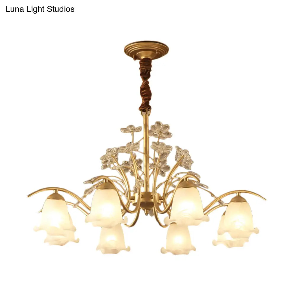 Gold Scalloped Chandelier Pendant Light With Crystal Accents - 3/6/8-Light Ruffle Glass Fixture