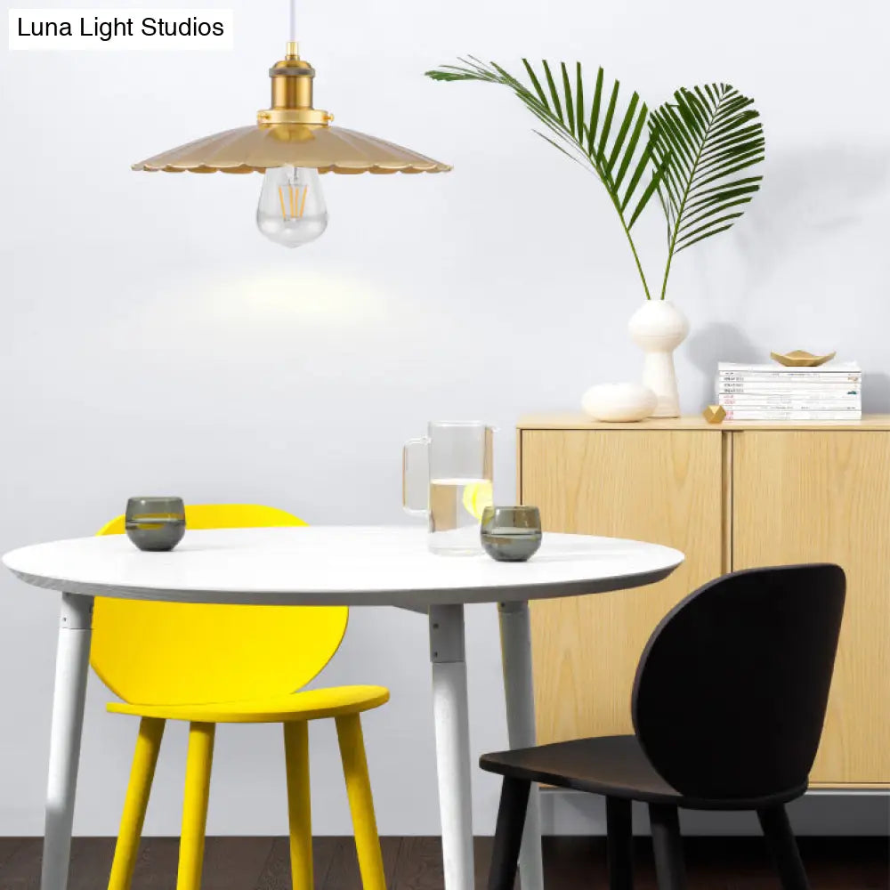 Gold Scalloped Edge Pendant Light - Loft Metallic 1 Bulb Hanging Fixture Coffee Shop Style 12/14