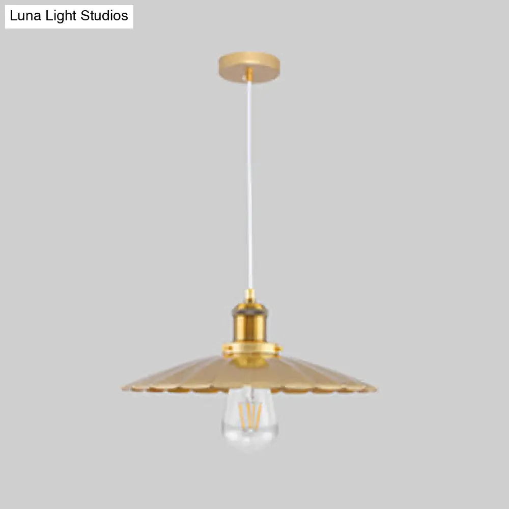 Scalloped Edge Gold Finish Metallic Hanging Light For Coffee Shops - 1 Bulb Pendant 12/14 Inch Width