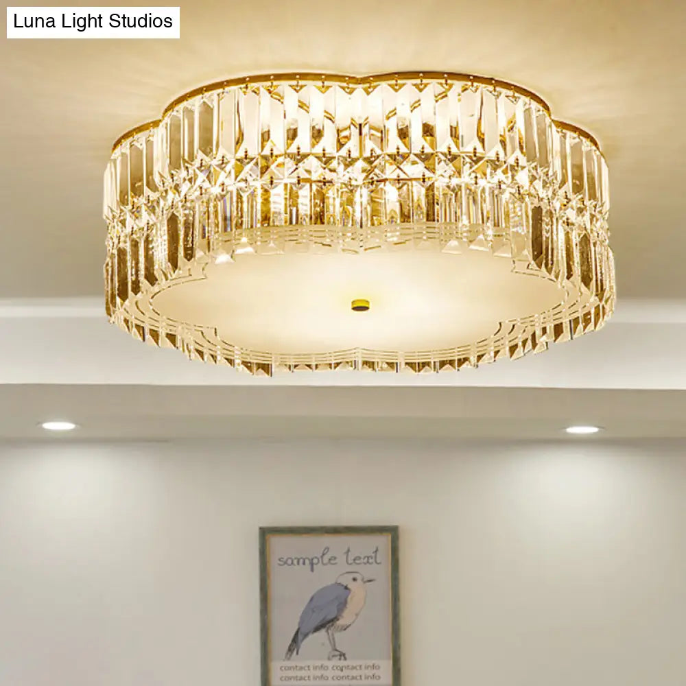 Gold Scalloped Flushmount Modern Ceiling Lighting - 19’/23’ W 4/5/6 Bulbs Faceted Crystal Bedroom