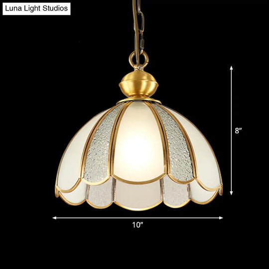 Gold Scalloped Pendant Light With Frosted Glass - Single-Bulb Traditional Hanging Fixture