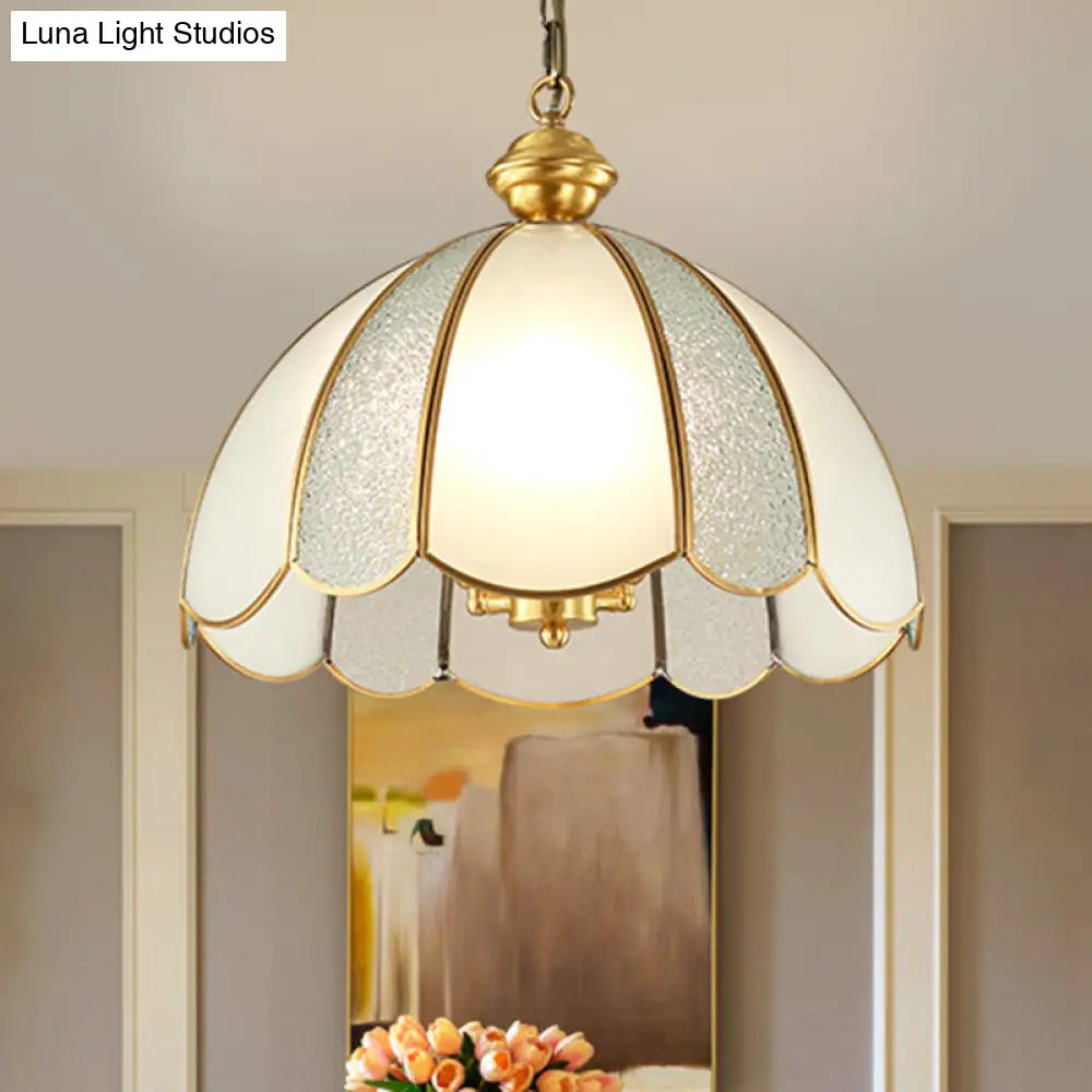 Gold Scalloped Pendant Light With Frosted Glass - Single-Bulb Traditional Hanging Fixture