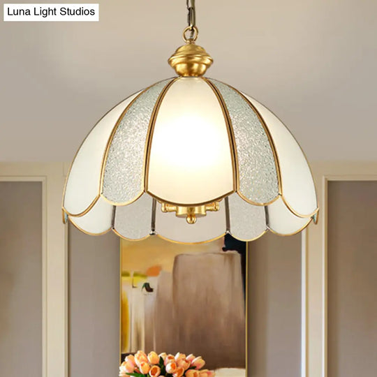 Gold Scalloped Pendant Light With Frosted Glass - Single-Bulb Traditional Hanging Fixture