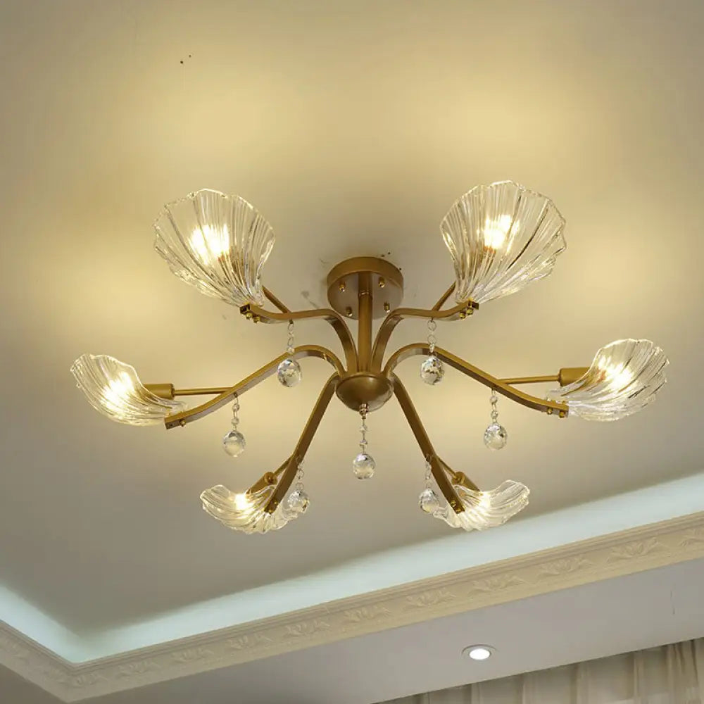 Gold Scalloped Shell Semi Flush Mount Crystal Chandelier - Countryside Parlor Ceiling Light