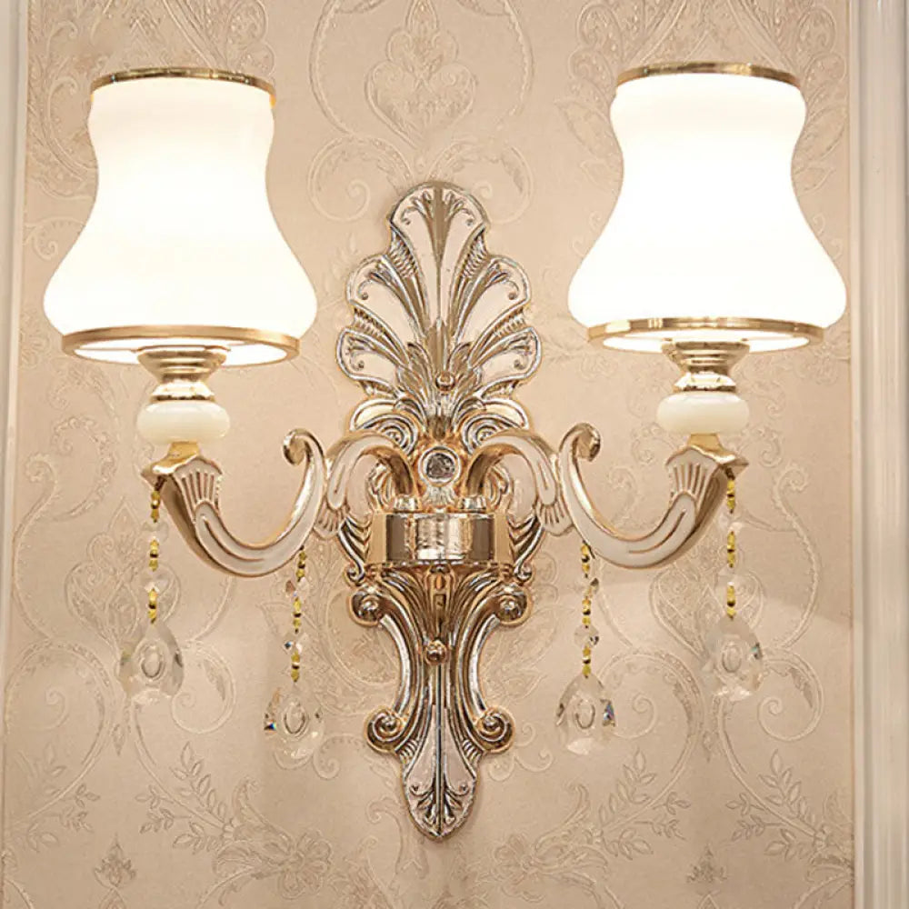 Gold Scrolled Arm Wall Mount Lamp With Crystal Accent - Elegant Metallic Sconce 2 / A