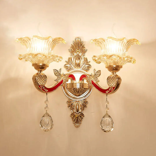 Gold Scrolled Arm Wall Mount Lamp With Crystal Accent - Elegant Metallic Sconce 2 / E