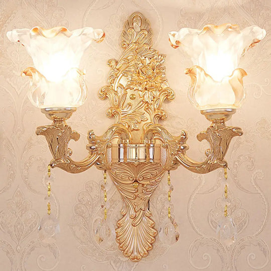 Gold Scrolled Arm Wall Mount Lamp With Crystal Accent - Elegant Metallic Sconce 2 / F