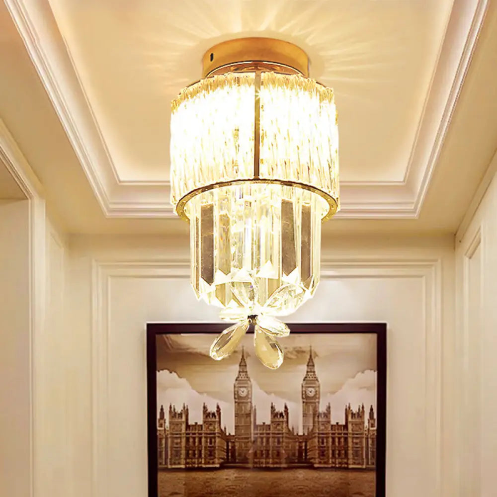 Gold Semi Flush Led Hallway Ceiling Light With K9 Crystal Cylinder Shade