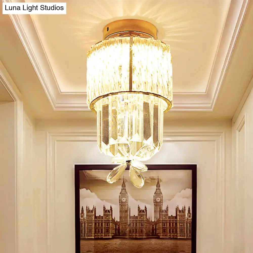 Gold Semi Flush Led Hallway Ceiling Light With K9 Crystal Cylinder Shade