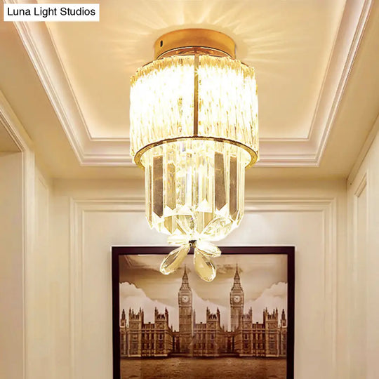 Gold Semi Flush Led Hallway Ceiling Light With K9 Crystal Cylinder Shade