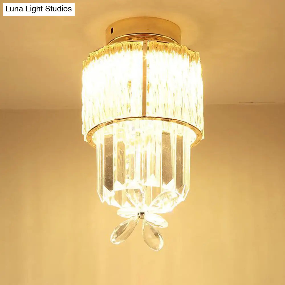 Gold Semi Flush Led Hallway Ceiling Light With K9 Crystal Cylinder Shade