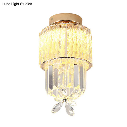 Gold Semi Flush Led Hallway Ceiling Light With K9 Crystal Cylinder Shade