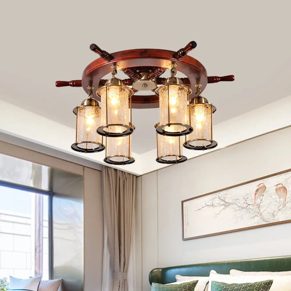 Gold Semi Flush Mount Light With Clear Crackle Glass And Wood Rudder Design - 6 Lights