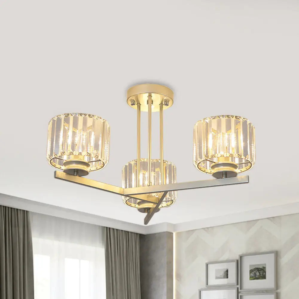 Gold Semi-Mount Crystal Prism Ceiling Flush Light - Modern 3/4-Light Short Cylinder 3 /