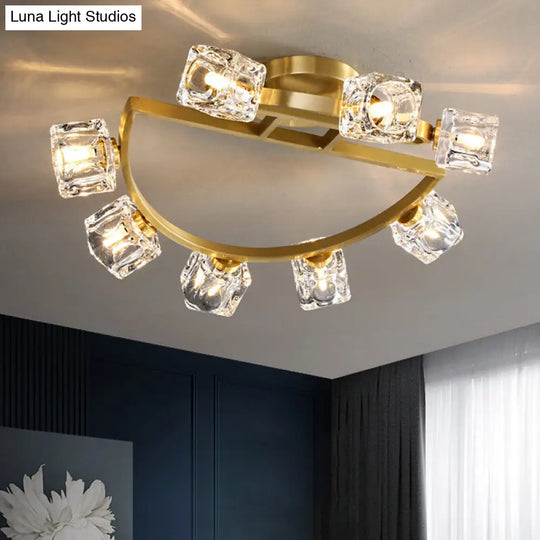 Gold Semi Mount Postmodern Metal Ceiling Light With Crystal Shade - Foyer Flush